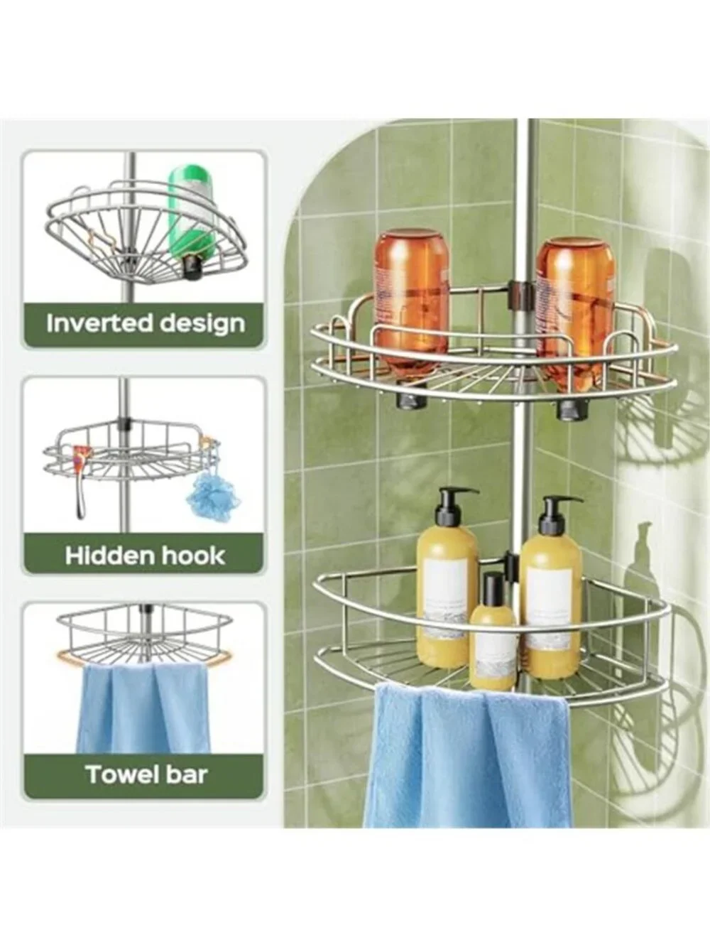 Corner Shower Caddy Tension Pole 4 Tier Rustproof Shampoo Organizer
